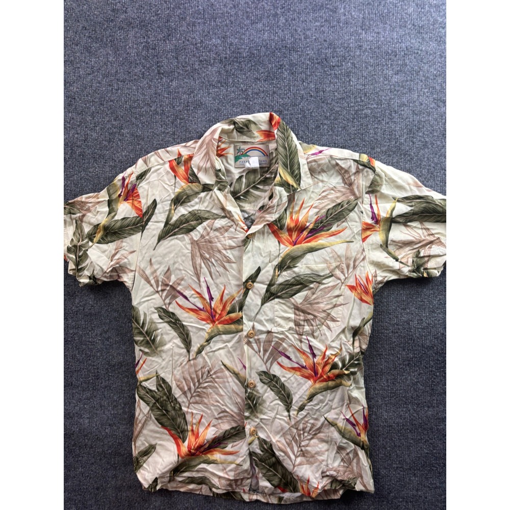 Paradise Found Hawaiian Shirt Mens Small Cream Bird of Paradise Rayon Aloha Top